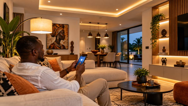 Éclairage intelligent dans un intérieur moderne en Côte d’Ivoire