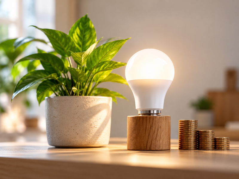 Ampoule LED avec plante verte illustrant les économies d’énergie