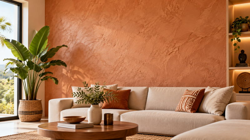 Mur intérieur avec enduit décoratif texturé couleur terracotta