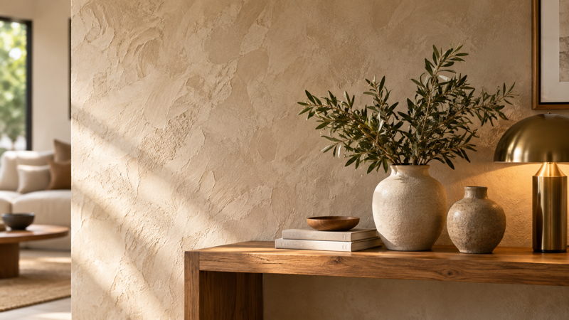 Mur intérieur avec enduit décoratif texturé dans un intérieur contemporain