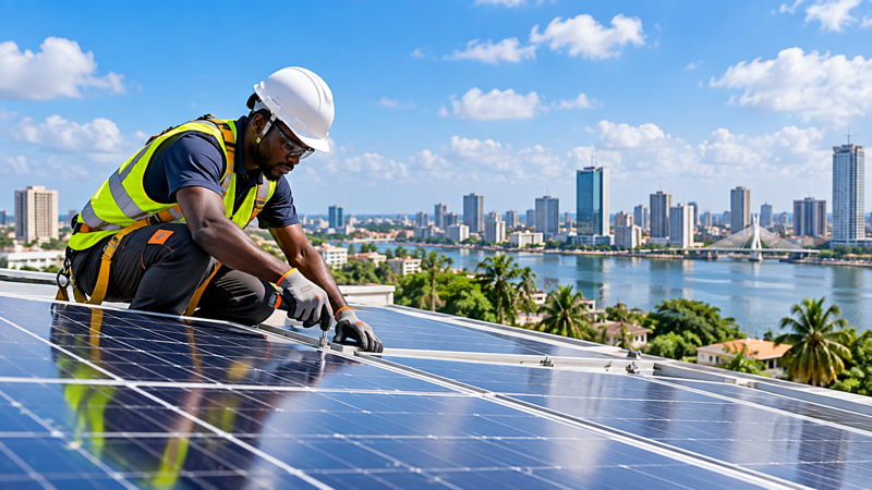 Technicien installant des panneaux solaires sur un toit avec vue sur Abidjan