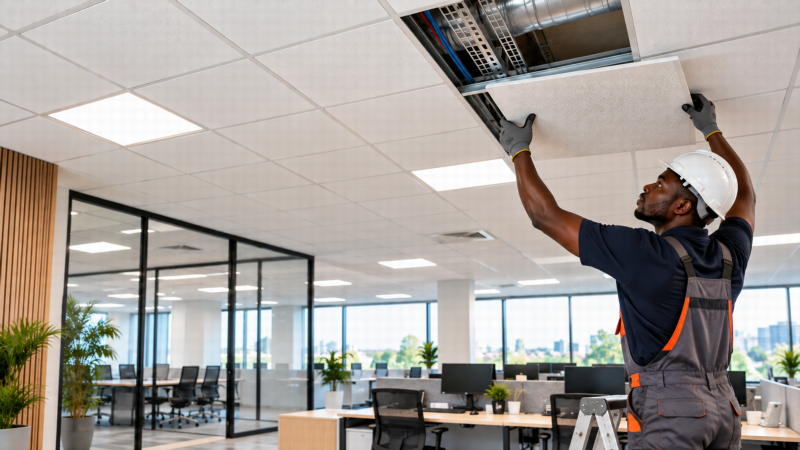 Accès technique à un faux plafond pour entretien et maintenance
