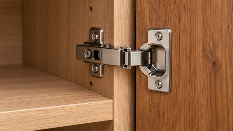 Charnière métallique installée sur un meuble en bois