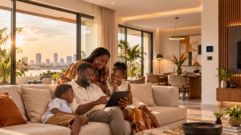 Famille ivoirienne dans un salon moderne utilisant une tablette dans une maison connectée
