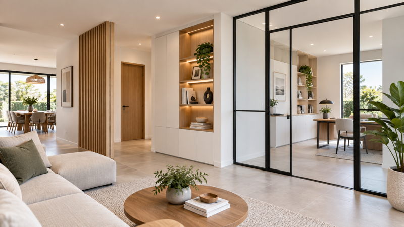 Aménagement intérieur moderne avec cloison vitrée et rangements en Côte d’Ivoire