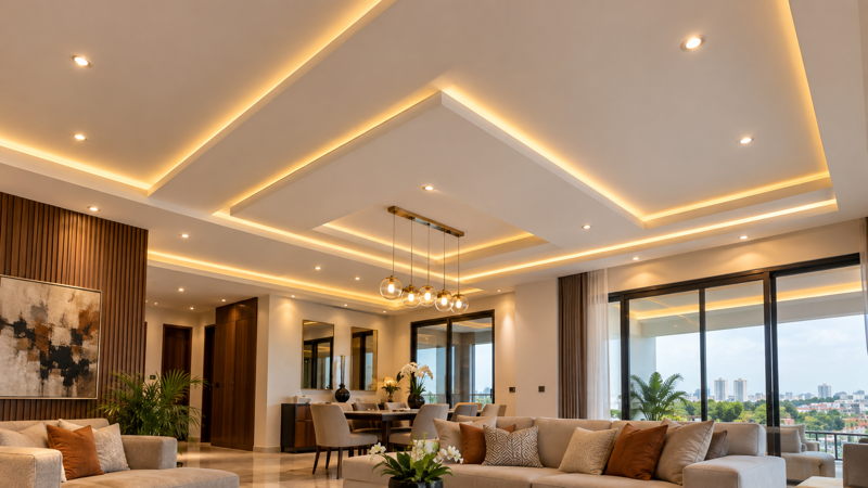 Faux plafond moderne avec éclairage intégré dans un intérieur en Côte d’Ivoire