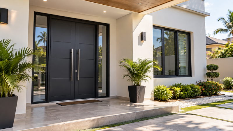 Porte d’entrée moderne et menuiseries extérieures dans une maison en Côte d’Ivoire
