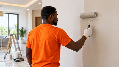 Peintre réalisant des travaux de peinture intérieure en Côte d’Ivoire