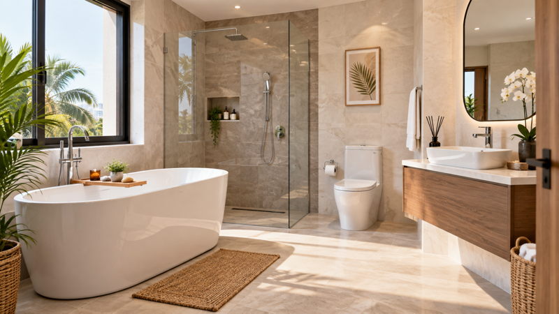 Salle de bains moderne avec baignoire, douche et sanitaires en Côte d’Ivoire