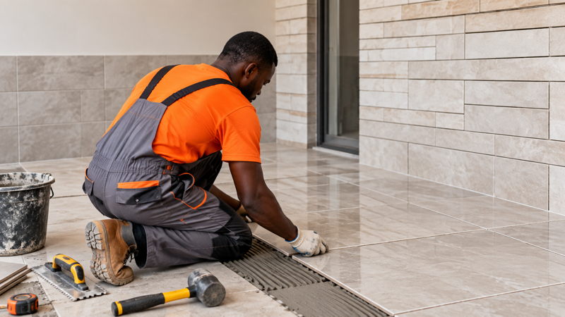 Artisan posant du carrelage pour des travaux de finition en Côte d’Ivoire