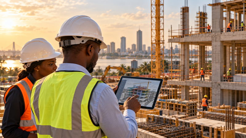 Ingénieurs utilisant une tablette BIM sur un chantier moderne en Côte d’Ivoire