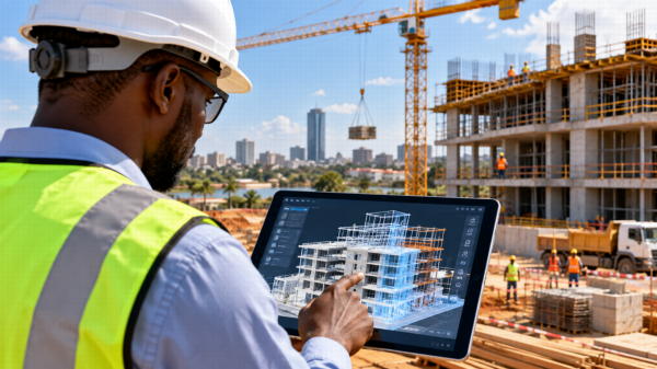 Ingénieur ivoirien utilisant une maquette BIM sur tablette sur un chantier en Côte d’Ivoire