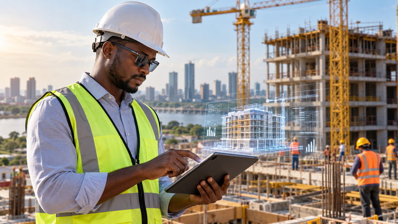 Ingénieur ivoirien utilisant une tablette BIM sur un chantier