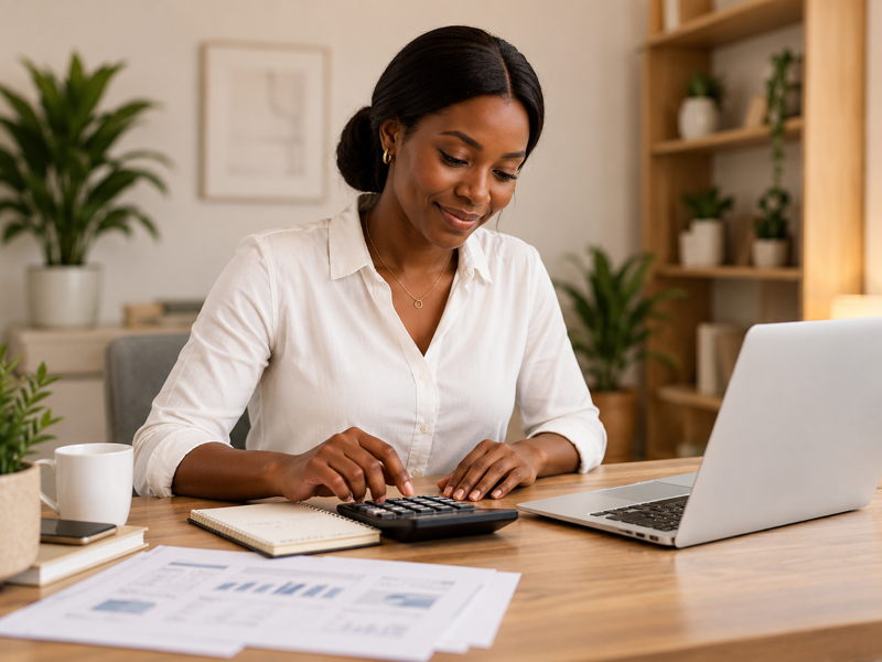 Femme préparant le budget de ses travaux de finition avec calculatrice et ordinateur