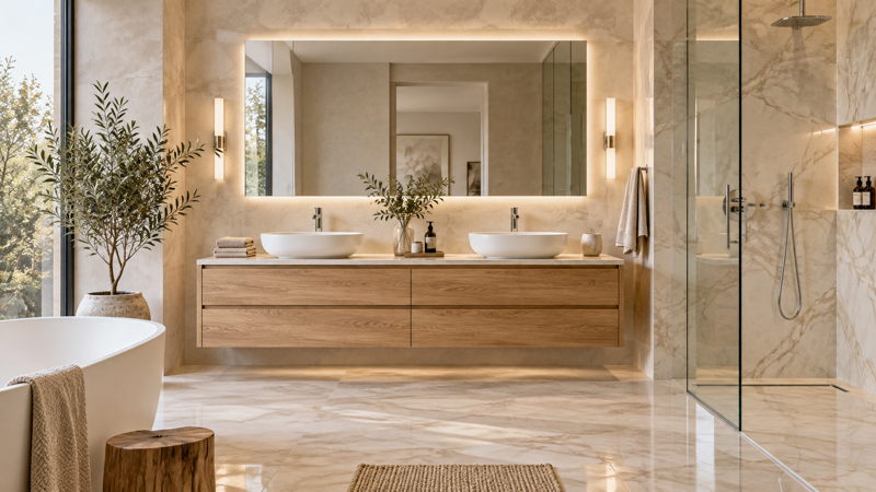 Salle de bain contemporaine avec carrelage effet pierre et meuble en bois