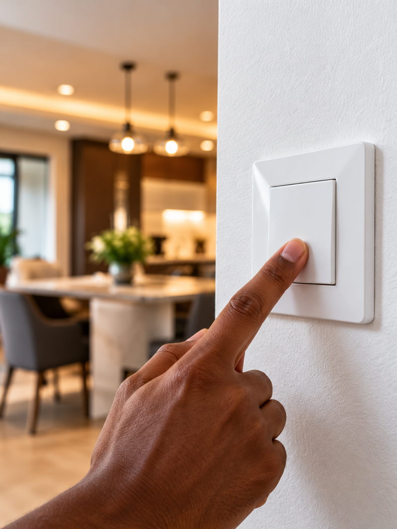 Main actionnant un interrupteur dans un intérieur moderne avec éclairage chaleureux