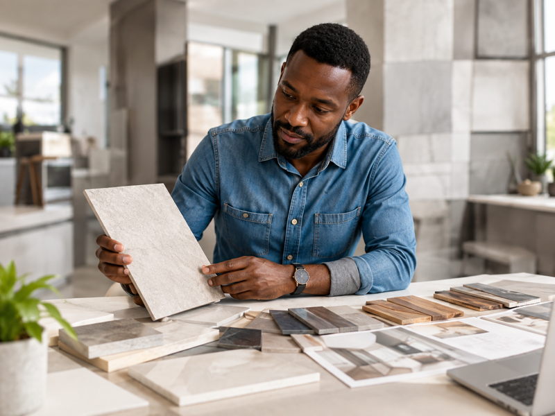 Homme comparant des échantillons de matériaux de finition dans un intérieur moderne