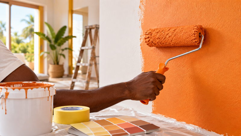 Artisan ivoirien appliquant une peinture orange au rouleau sur un mur intérieur