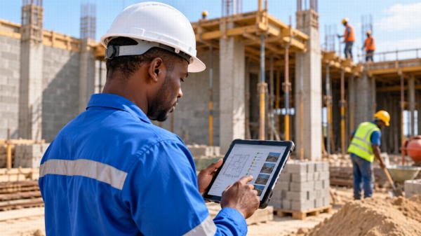 Professionnel ivoirien utilisant une tablette pour assurer le suivi numérique d’un chantier
