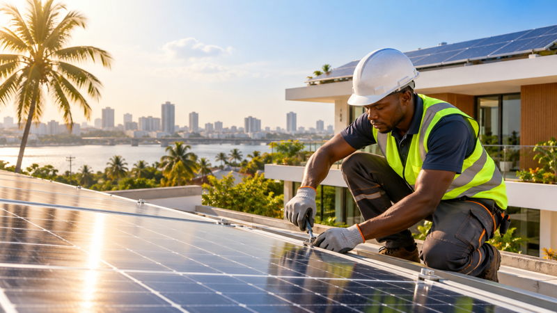 Technicien installant des panneaux solaires sur une toiture en Côte d’Ivoire