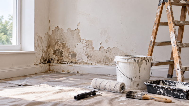 Mur intérieur abîmé par l’humidité et fissures avant travaux de peinture
