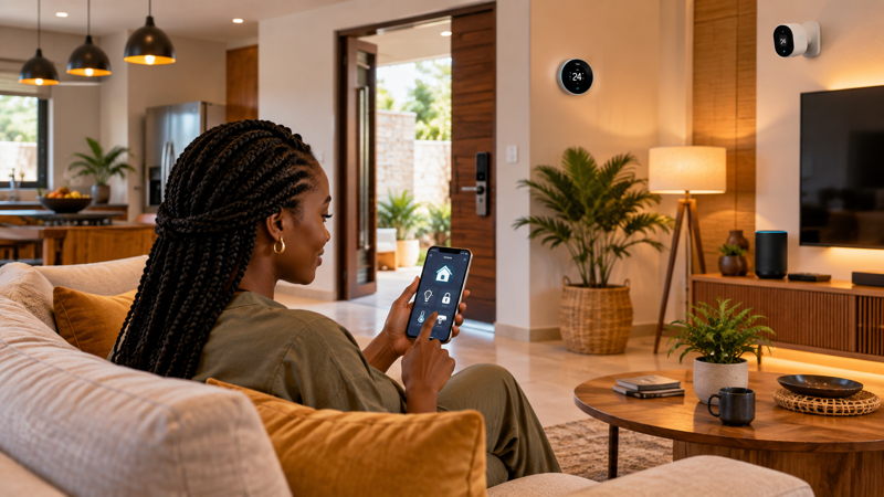 Femme ivoirienne pilotant les équipements d’une maison connectée depuis un smartphone