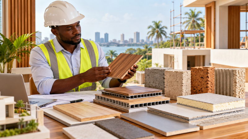 Professionnel ivoirien comparant des matériaux de construction innovants