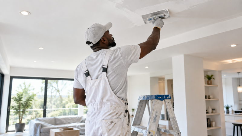 Artisan ivoirien réalisant la finition d’un plafond en plâtre