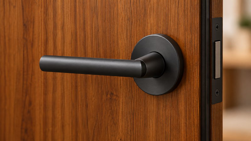 Porte intérieure en bois avec poignée et quincaillerie moderne