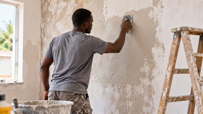Artisan ivoirien appliquant un enduit pour préparer un mur avant peinture