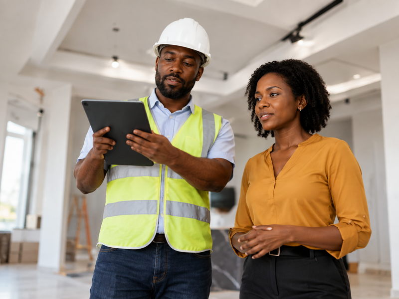Professionnel du bâtiment et propriétaire vérifiant des travaux de finition sur chantier