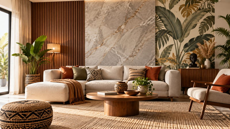 Salon contemporain avec différents revêtements muraux décoratifs