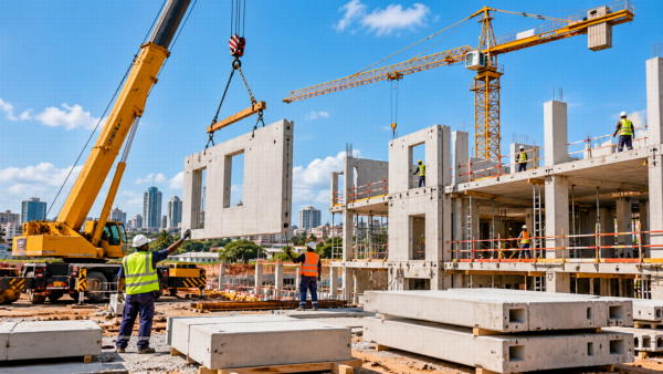 Pose de panneaux préfabriqués en béton sur un chantier de construction en Côte d’Ivoire