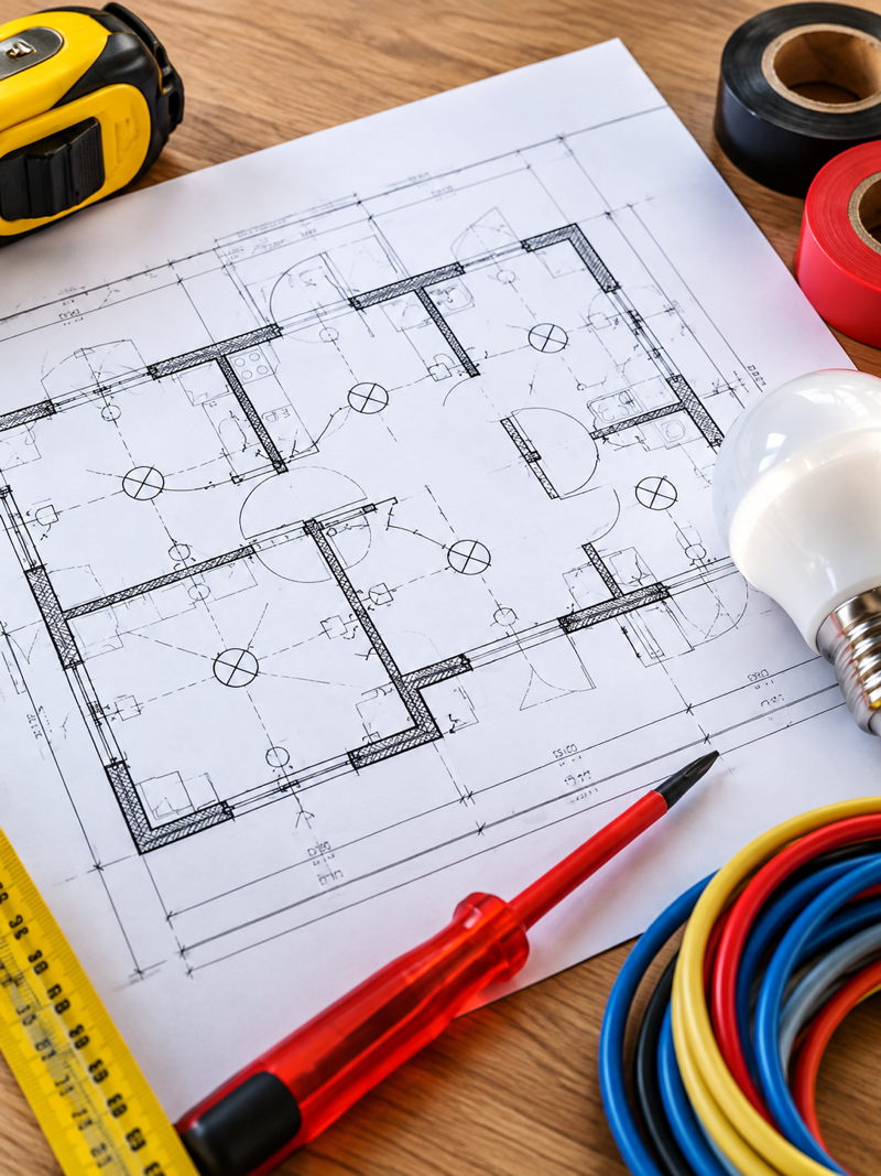 Plan électrique de maison avec outils, câbles et équipements électriques
