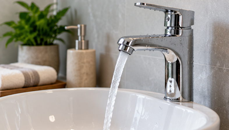 Lavabo et robinetterie dans une salle de bain contemporaine