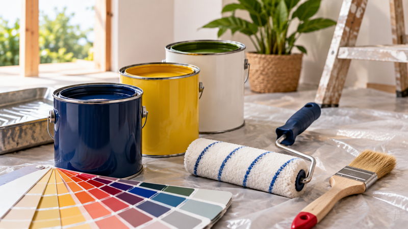 Pots de peinture, rouleau et nuancier pour des travaux de finition