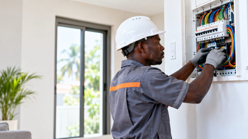 Électricien ivoirien réalisant une installation d’électricité intérieure et d’éclairage en Côte d’Ivoire