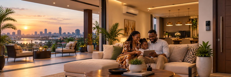 Famille ivoirienne utilisant des équipements connectés dans une maison moderne