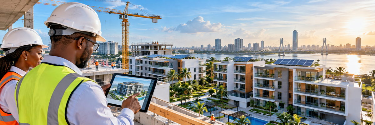 Ingénieurs sur un chantier moderne à Abidjan observant un projet immobilier innovant et durable en Côte d’Ivoire