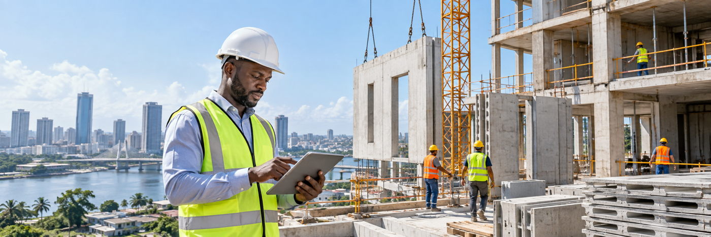 Ingénieur ivoirien sur un chantier utilisant des solutions de construction innovantes en Côte d’Ivoire