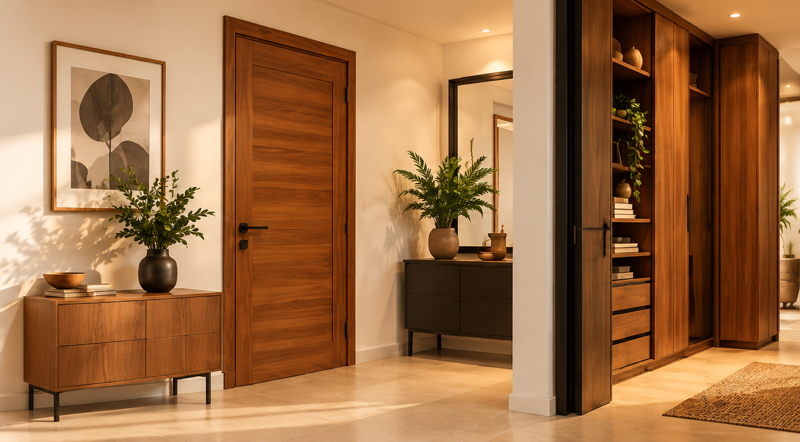 Menuiseries intérieures en bois dans un intérieur moderne en Côte d’Ivoire