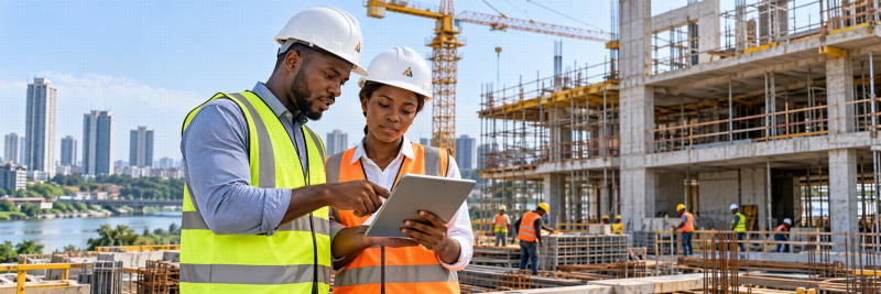 Professionnels ivoiriens utilisant une tablette sur un chantier moderne en Côte d’Ivoire