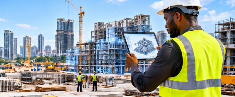 Ingénieur ivoirien utilisant une tablette BIM sur un chantier moderne en Côte d’Ivoire