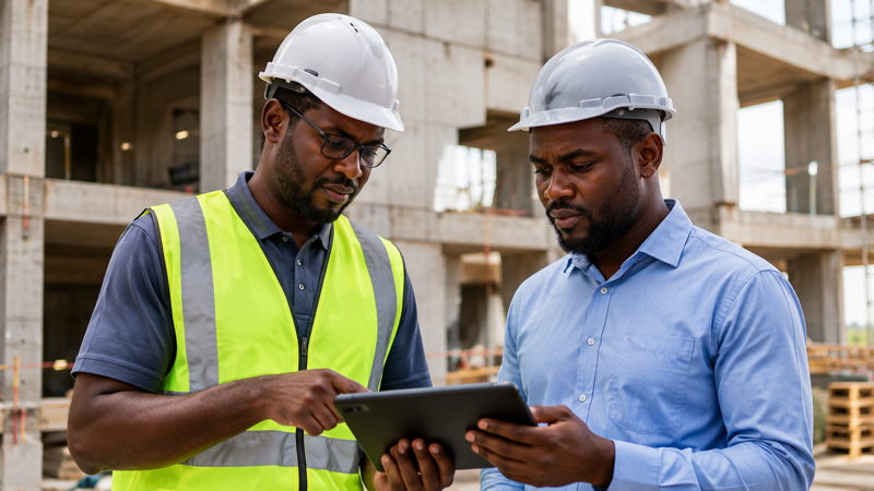Ingénieurs consultant un plan numérique sur tablette