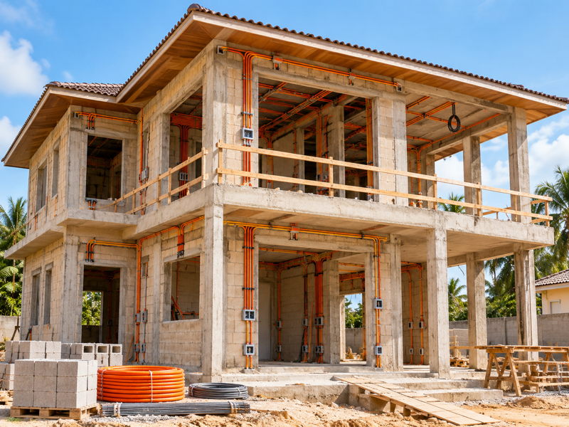 Installation électrique intégrée dans une maison en construction en Côte d’Ivoire