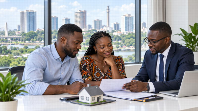 Couple échangeant avec une conseillère sur les documents d’un projet immobilier.