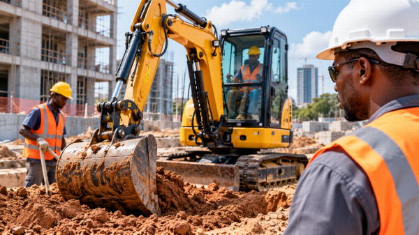 Professionnels ivoiriens utilisant une pelle mécanique sur un chantier de construction