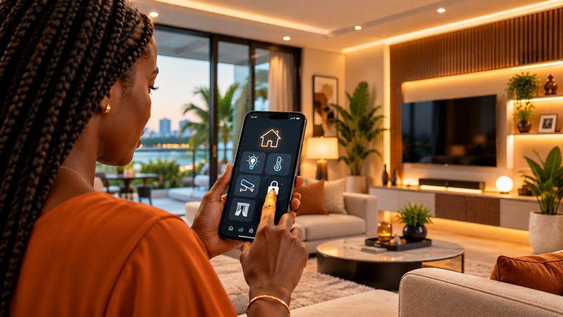 Femme utilisant une application de maison connectée dans un salon moderne