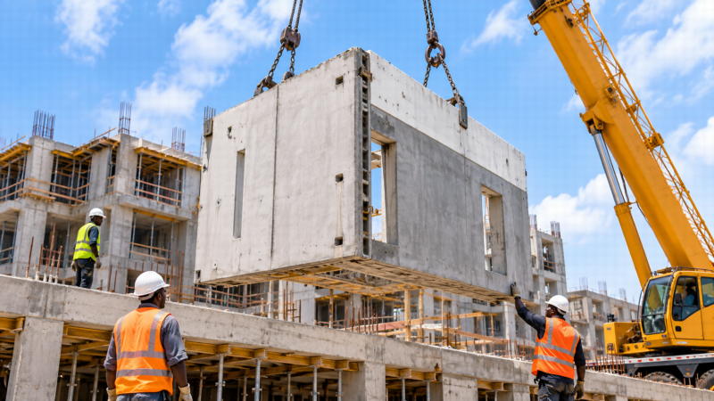 Pose d’un élément préfabriqué en béton à l’aide d’une grue sur un chantier en Côte d’Ivoire