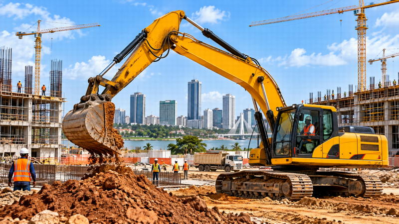Engin de chantier moderne utilisé sur un projet de construction en Côte d’Ivoire